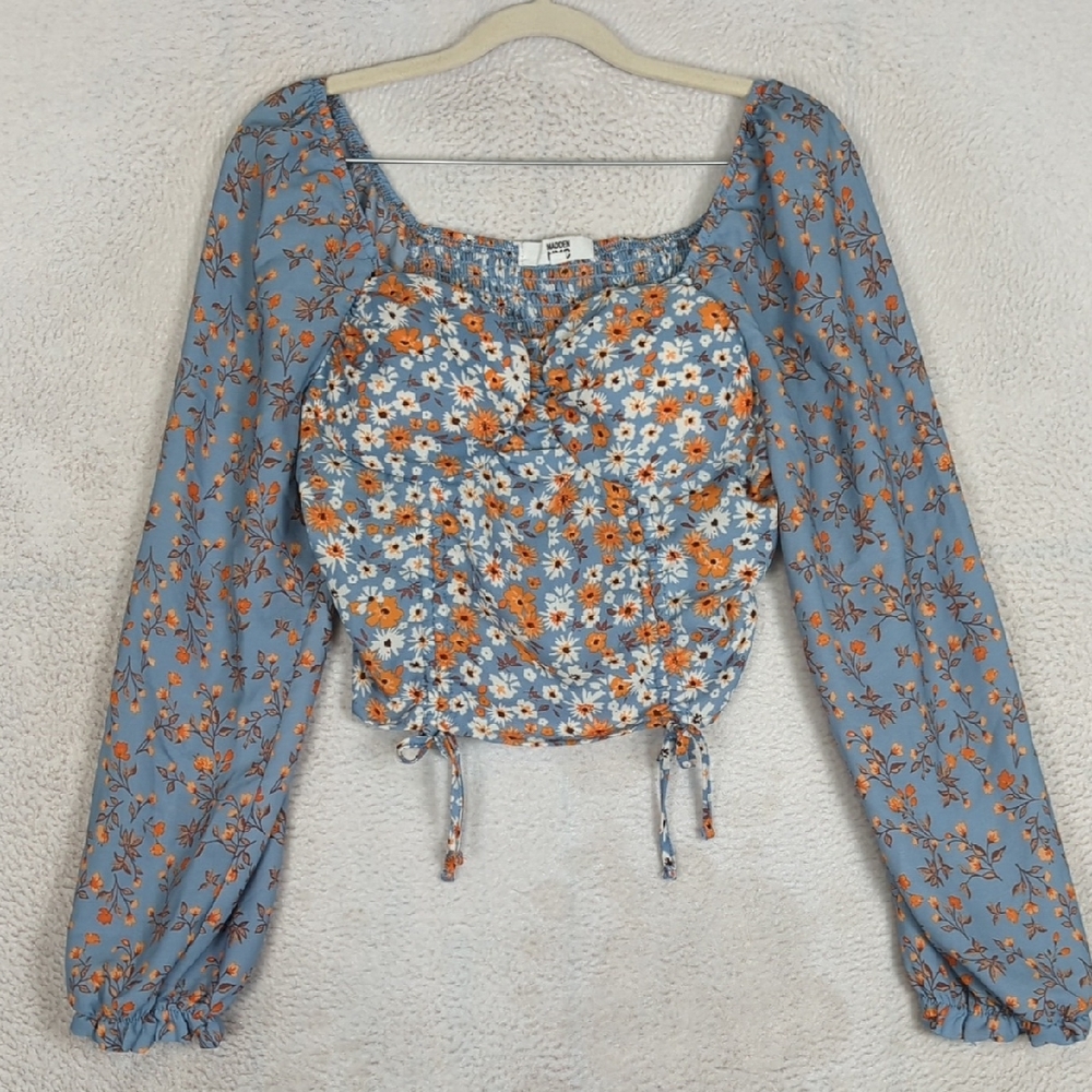 Madden NYC Junior's Floral Cropped Smocked Cottagecore Shirt Size M